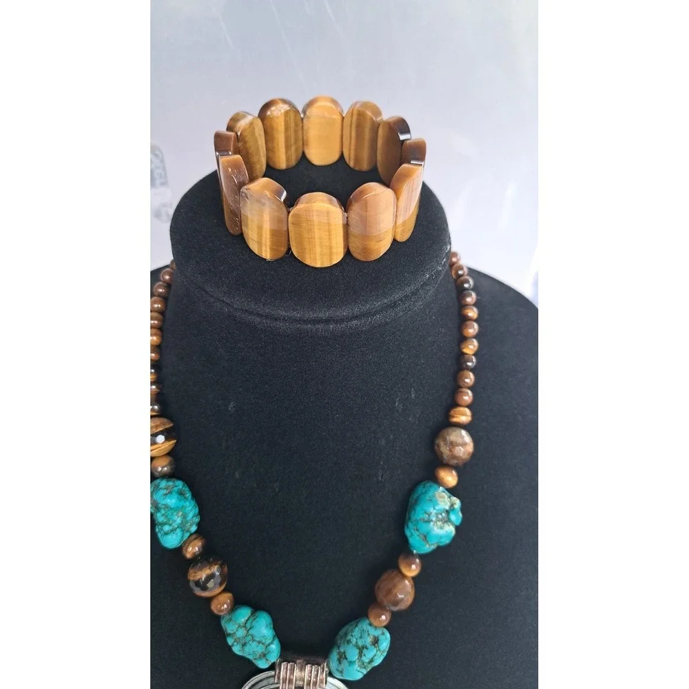 Turquoise Tigers Eye Beaded Necklace Pendant and Stretch Bracelet Jewelry Set